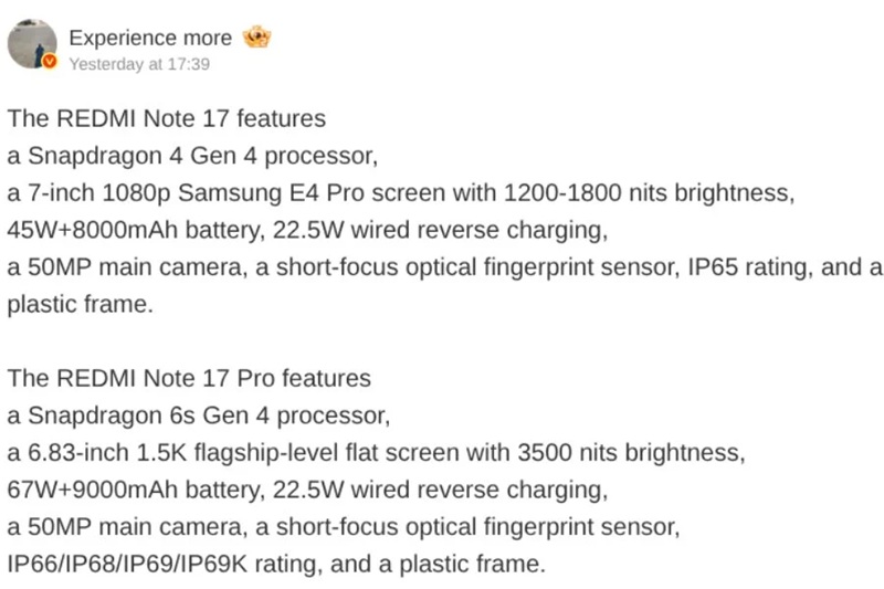 Зображення з характеристиками Redmi Note 17 і Note 17 Pro