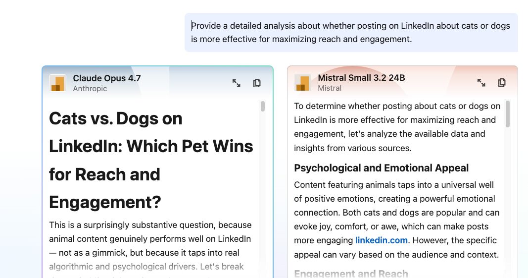 Crosscheck Interface in LinkedIn Comparing Responses from Two AI Models