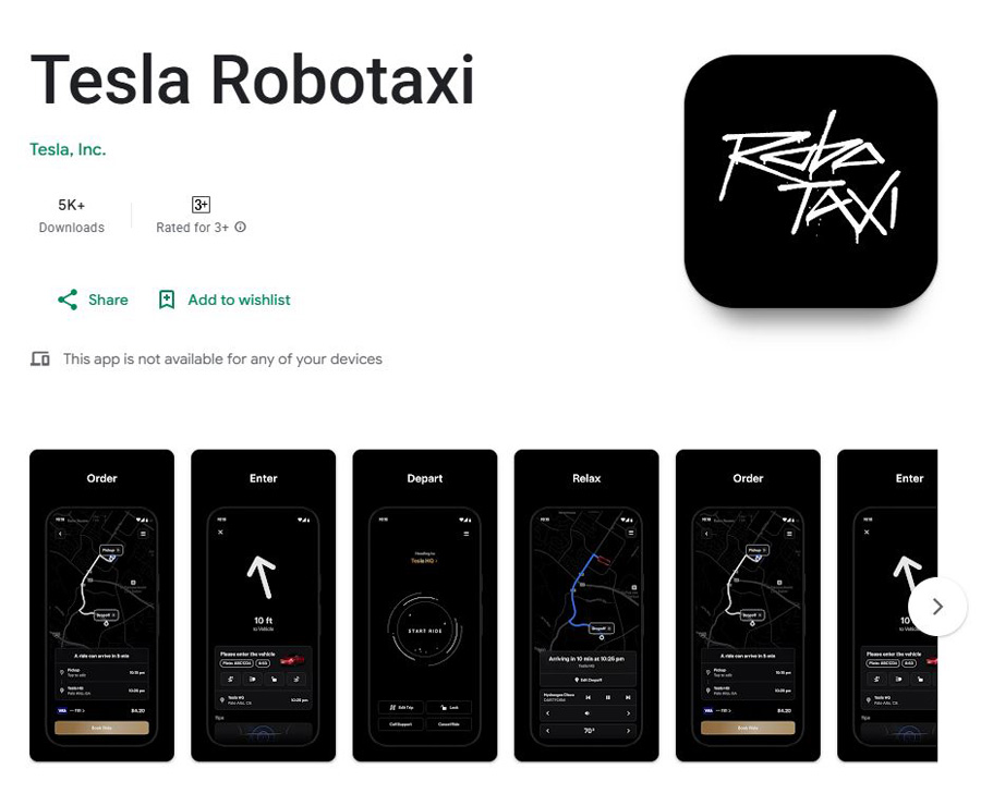 The Tesla Robotaxi app, now available on Google Play. Illustration: Google Play
