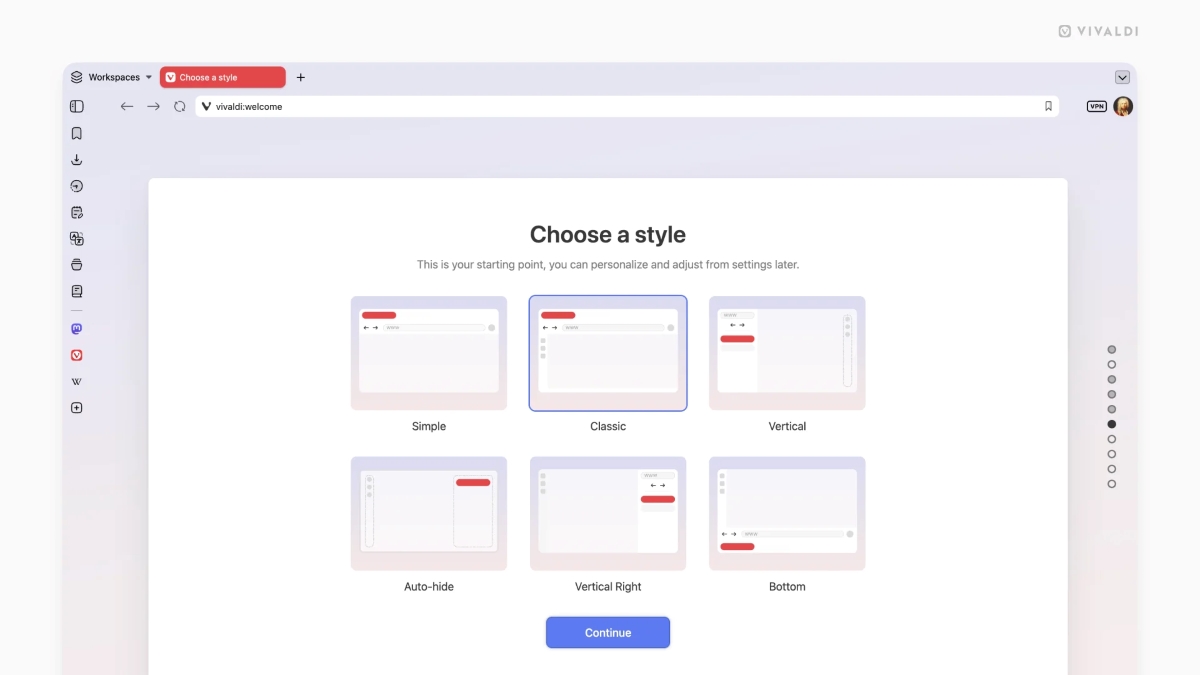 The layout preset menu lets users pick a starting point before customizing further. Illustration: Vivaldi Technologies